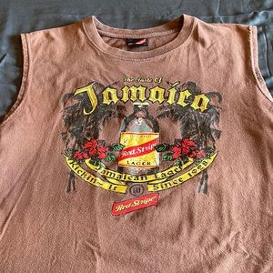 Men’s Red Stipe Jamaica sleeveless shirt, size XL